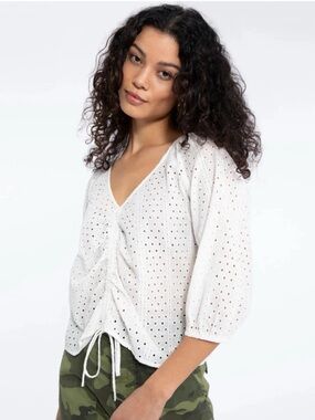Sanctuary White Eyelet Drawstring V-Neck Blouse